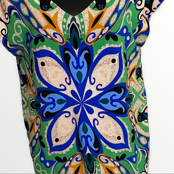 Maeve Sheath Dress Medium Blue Green Tan Print Pullover V-neck Sleeveless - Picture 3 of 7